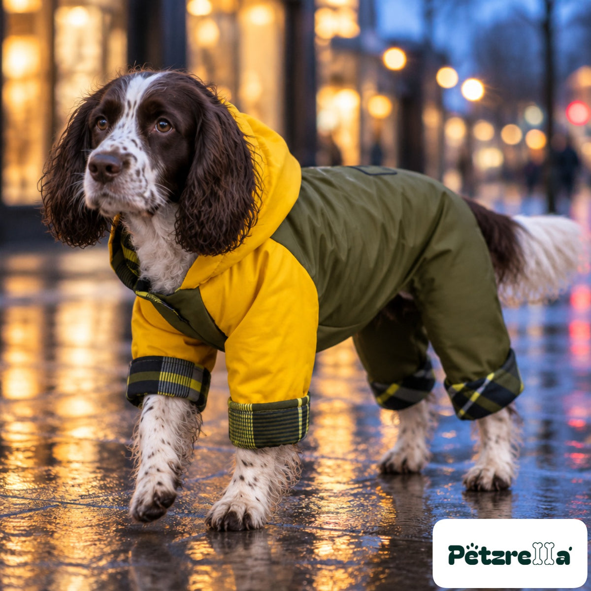 Petzrella Waterproof Dog Jumpsuit on a spaniel on a wet street at dusk