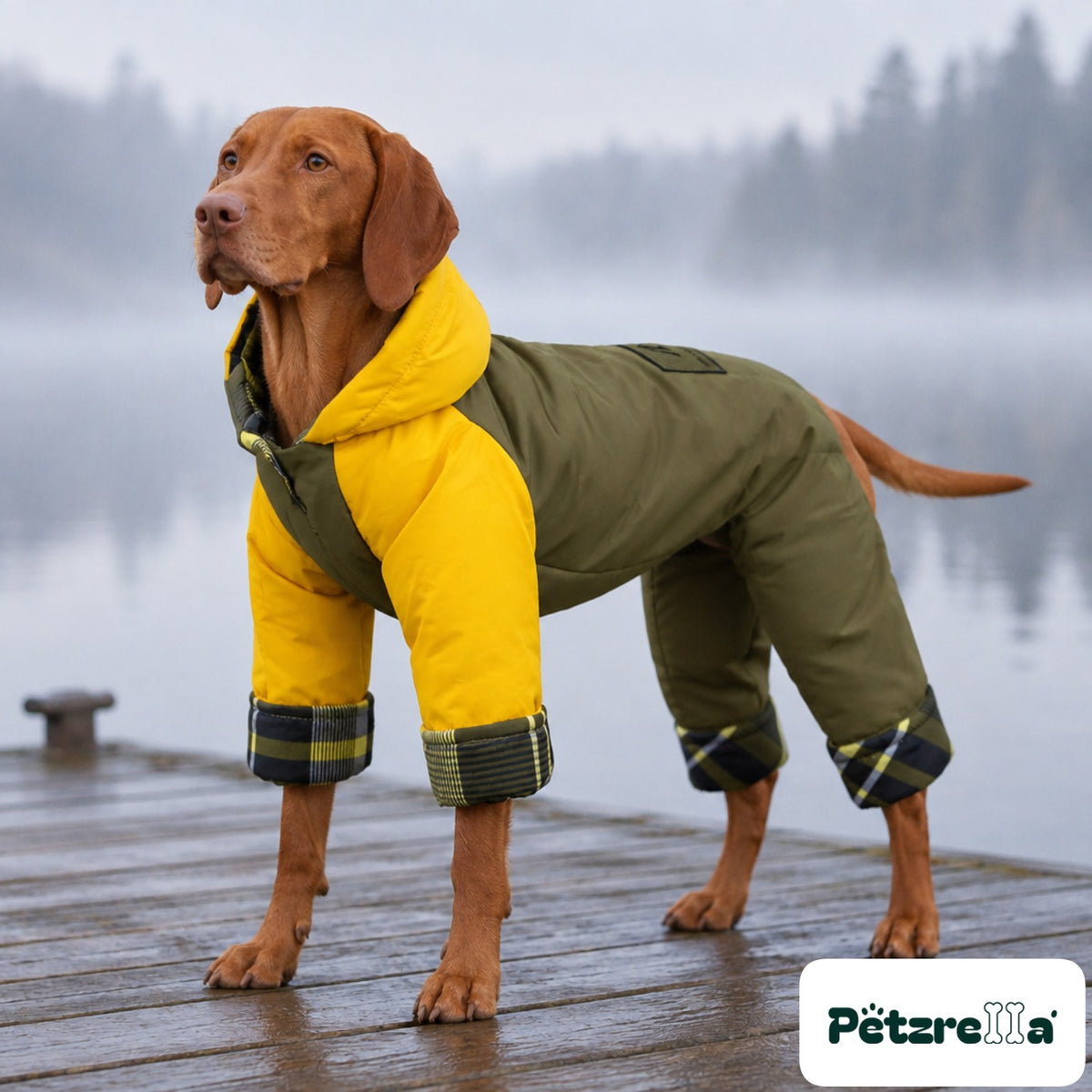 Petzrella Waterproof Dog Jumpsuit on a Vizsla on a lake jetty in mist
