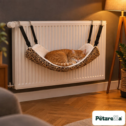 Petzrella Pet Cage Hammock on a radiator with a ginger cat asleep in it