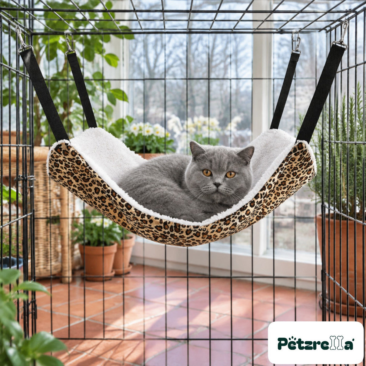 Petzrella Pet Cage Hammock hung in a pet cage with a grey cat in it
