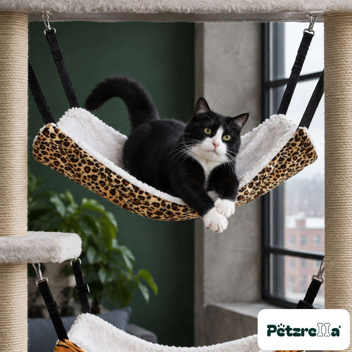 Petzrella Pet Cage Hammock in a cat tree with a tuxedo cat stretching