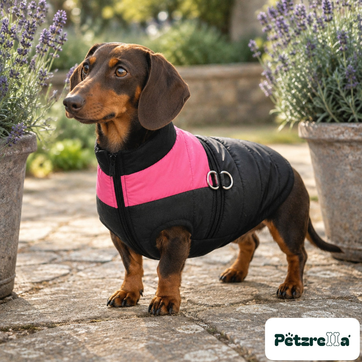 Petzrella All-Size Dog Winter Jacket - Pink, worn by a dachshund on a garden terrace