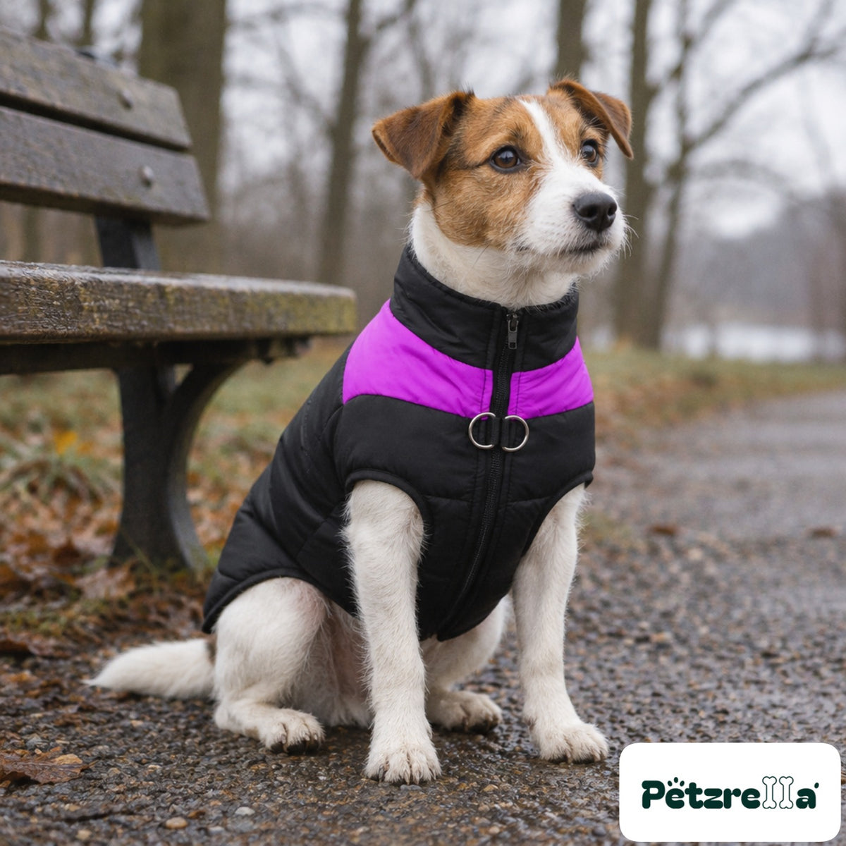 Petzrella All-Size Dog Winter Jacket - Purple, worn by a Jack Russell terrier in a park