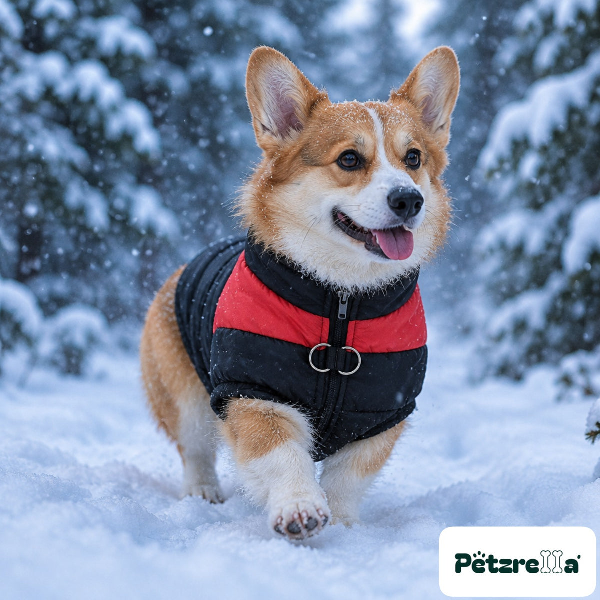 Petzrella All-Size Dog Winter Jacket - Red, worn by a corgi in the snow