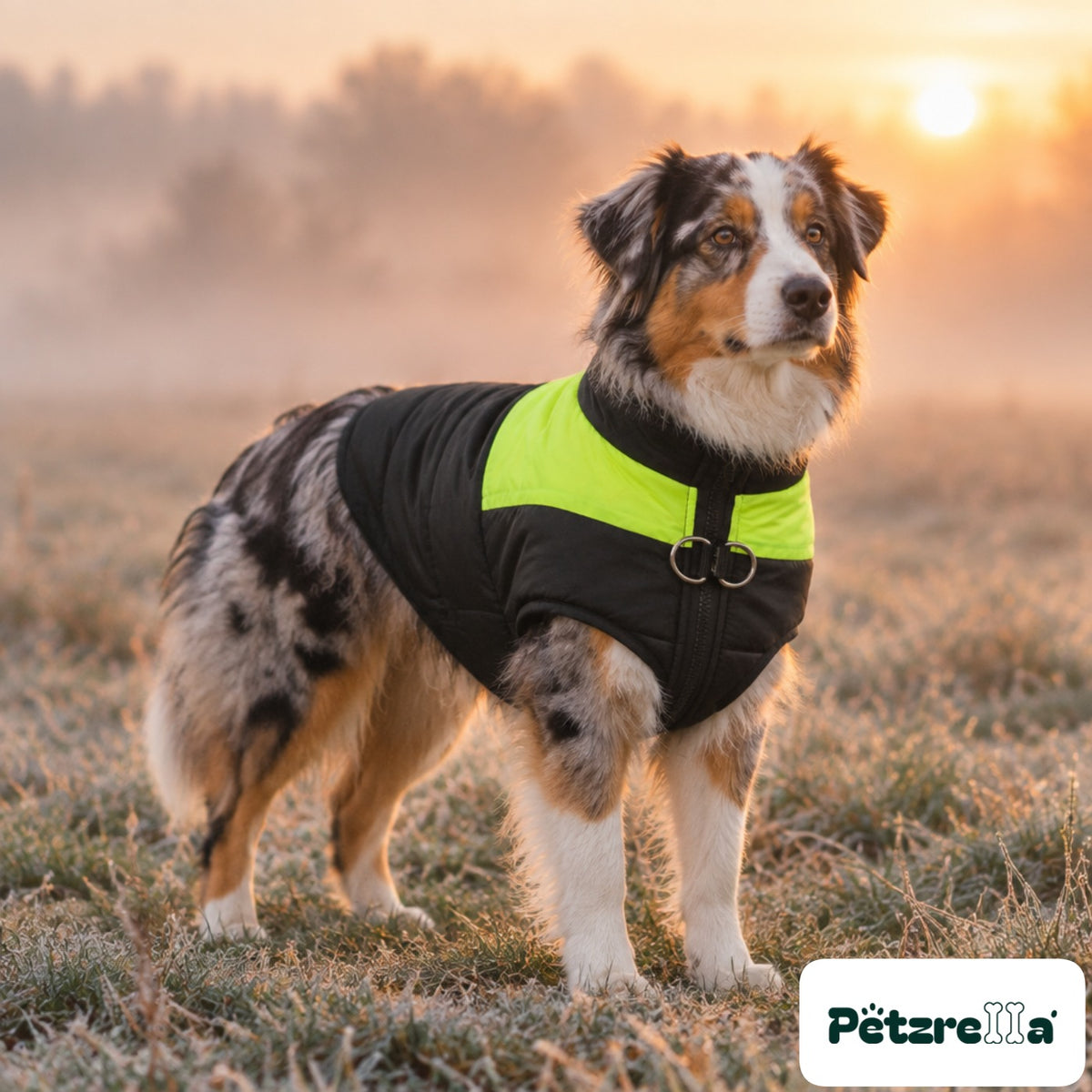 Petzrella All-Size Dog Winter Jacket - Green, worn by an Australian Shepherd in a misty meadow