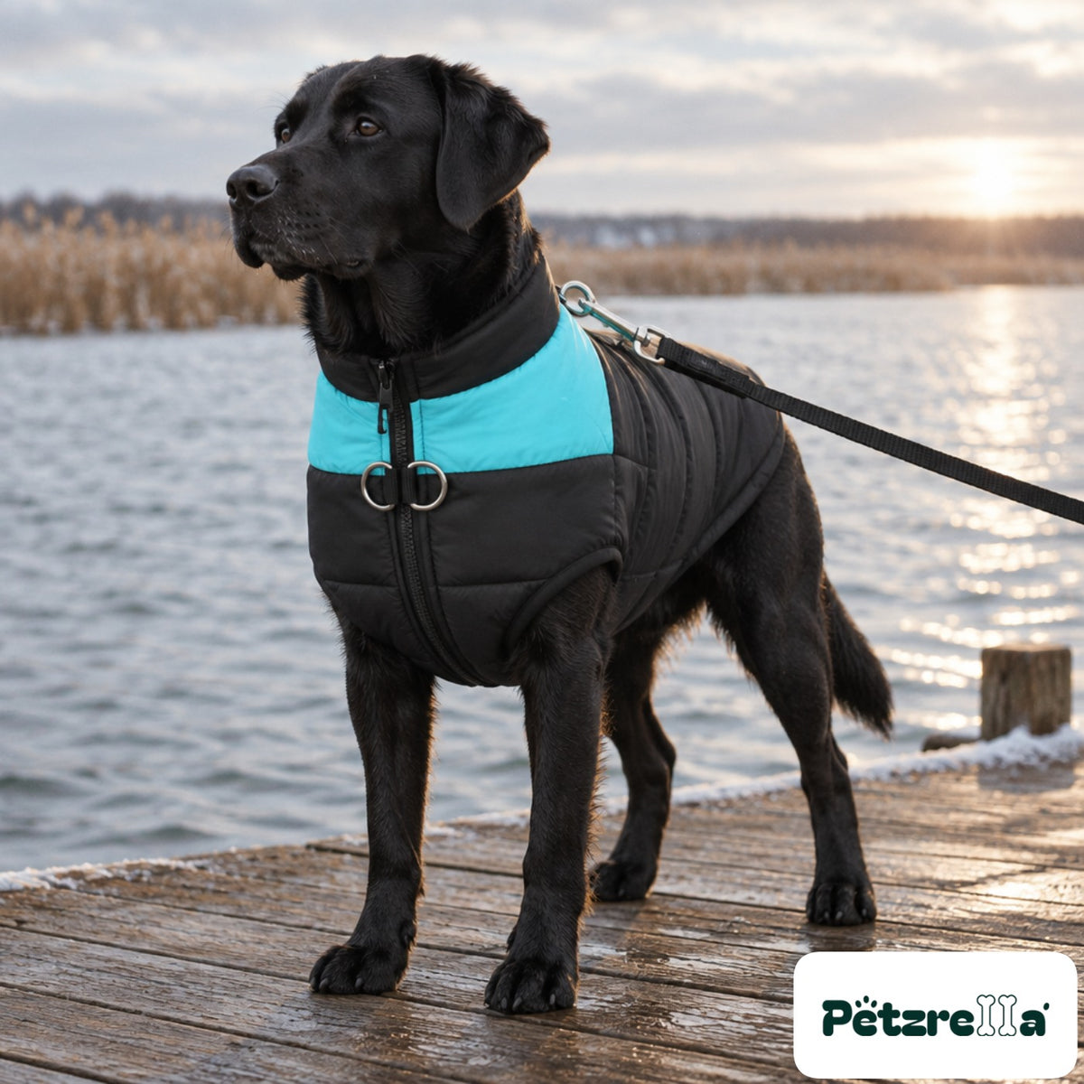 Petzrella All-Size Dog Winter Jacket - Blue, leash clipped to the D-ring of a Labrador's coat