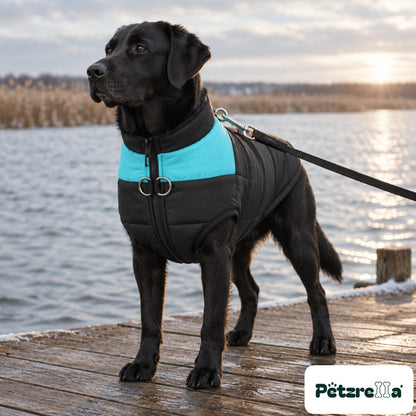 Petzrella All-Size Dog Winter Jacket - Blue, leash clipped to the D-ring of a Labrador's coat