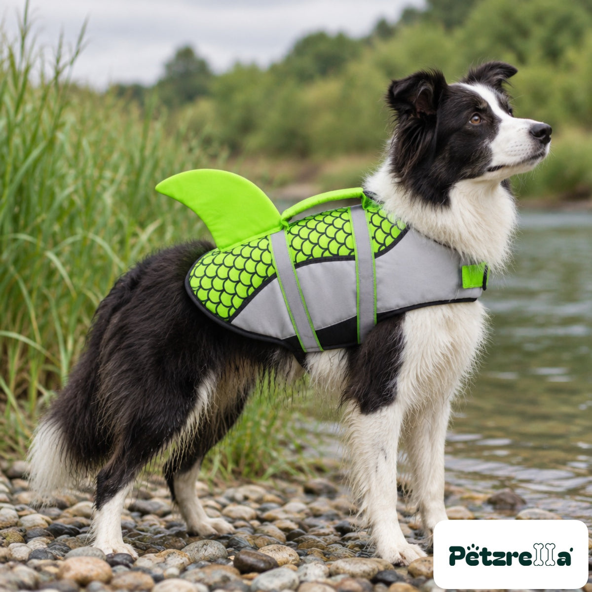 Petzrella Dog Life Jacket in green on a Border Collie at a river bank