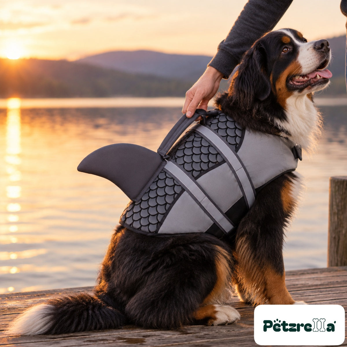 Petzrella Dog Life Jacket in grey, owner holding the top rescue handle