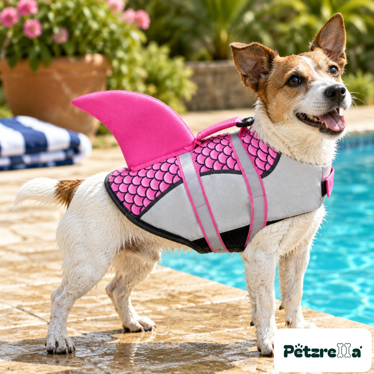 Petzrella Dog Life Jacket in pink on a Jack Russell beside a pool