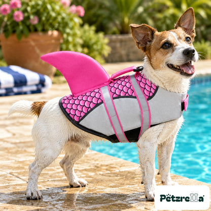 Petzrella Dog Life Jacket in pink on a Jack Russell beside a pool