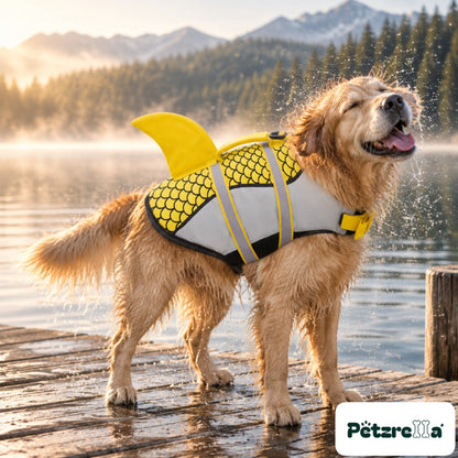 Petzrella Dog Life Jacket in yellow on a Golden Retriever at a lake jetty