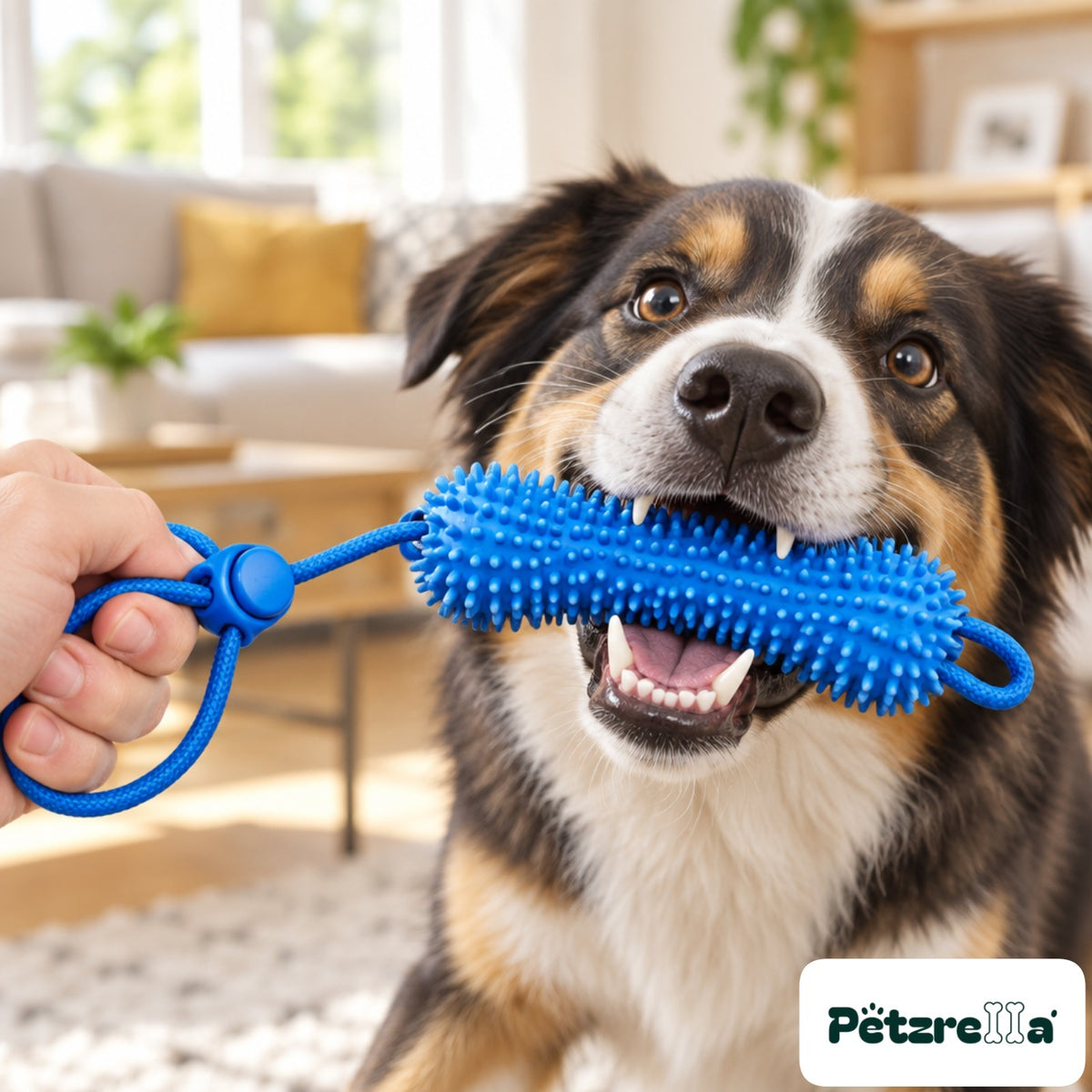 Dog biting the Petzrella dental chew toy while the owner holds the rope