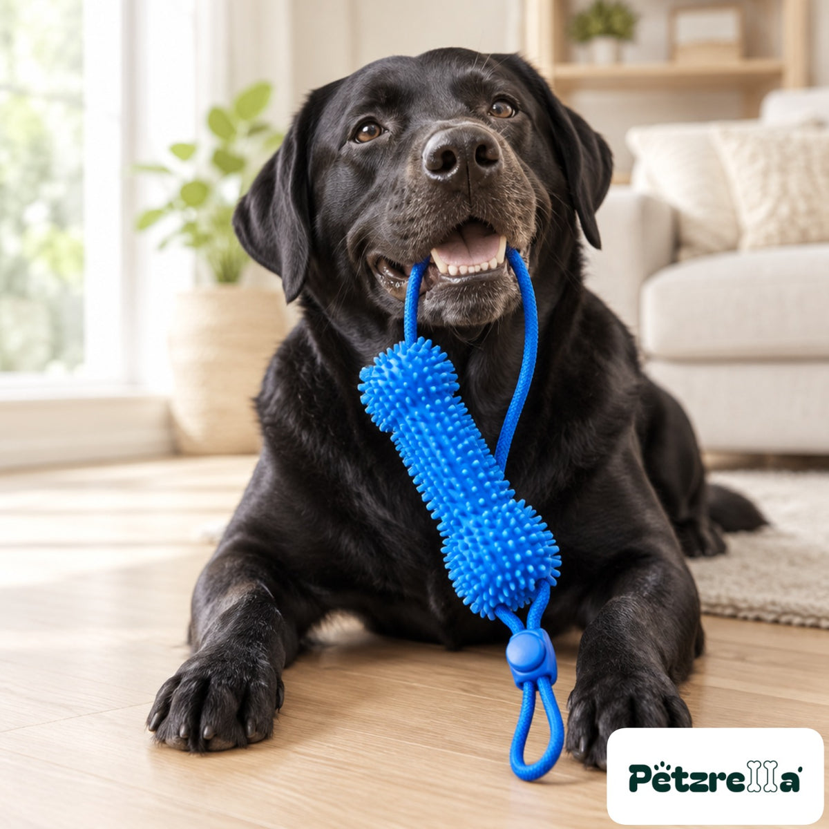 Black labrador holding the Petzrella dental chew toy on a living room floor
