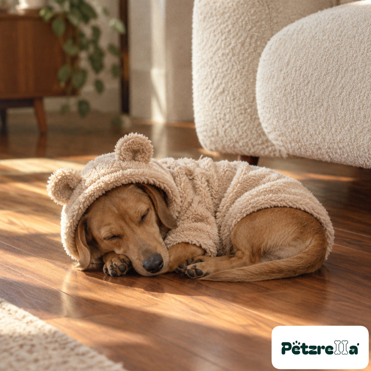 Petzrella Cuddle Bear Plush Hoodie - dachshund asleep on walnut floor