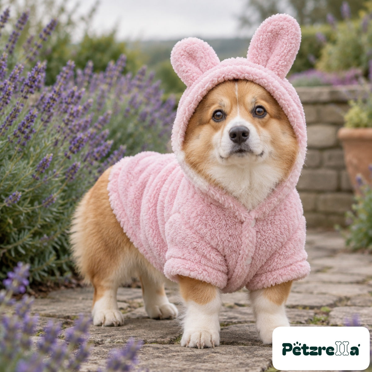 Petzrella Cuddle Bear Plush Hoodie - corgi on garden terrace