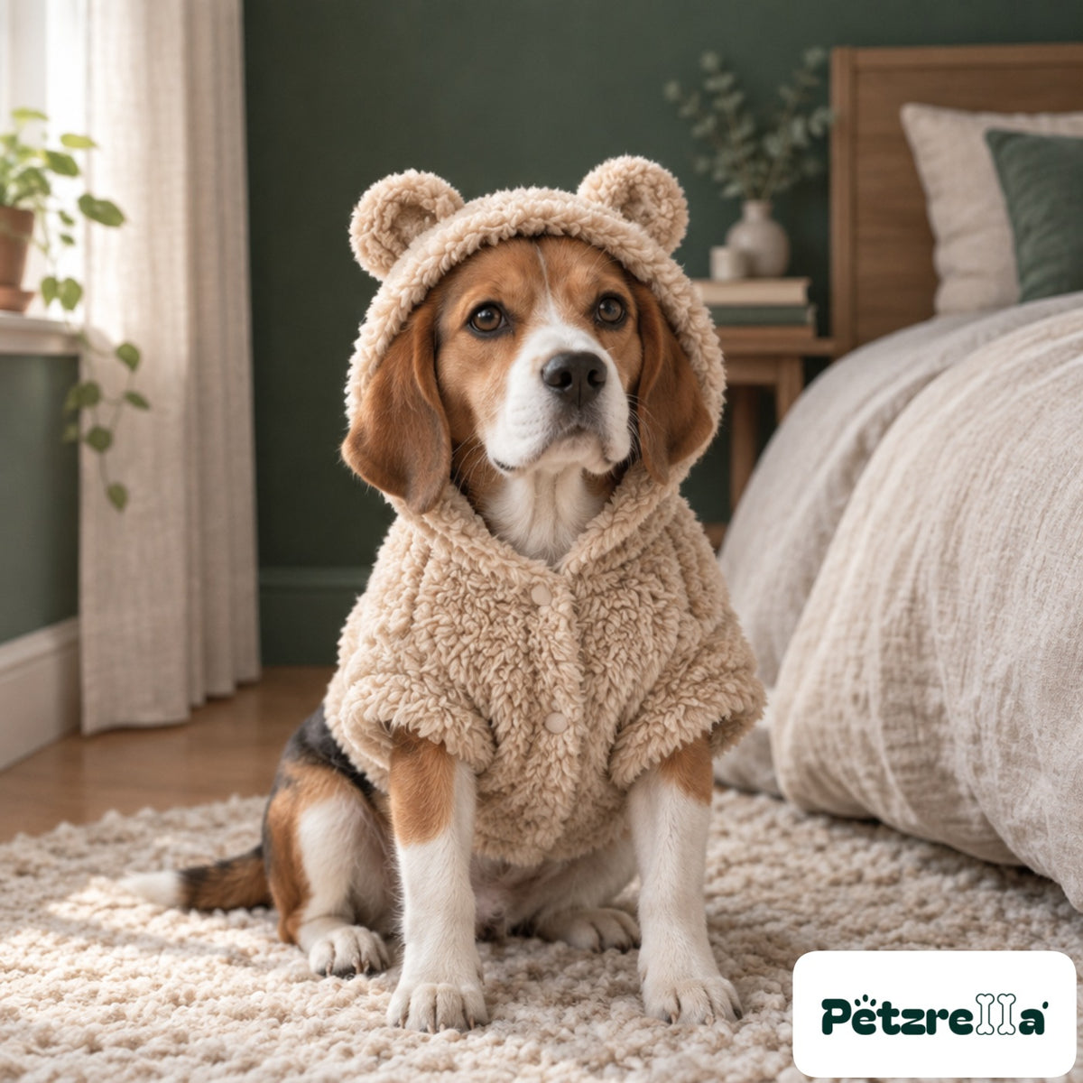 Petzrella Cuddle Bear Plush Hoodie - beagle on wool rug