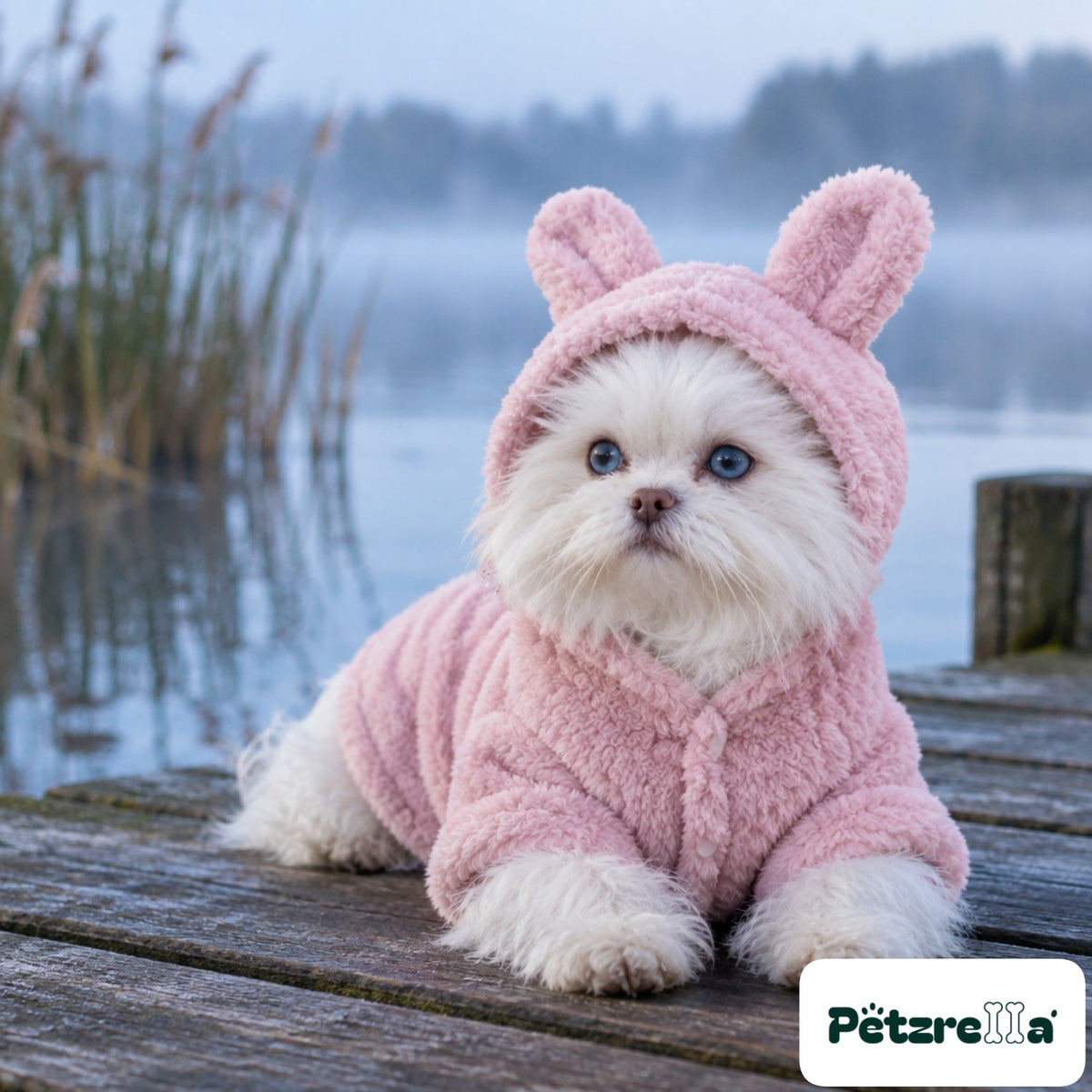 Petzrella Cuddle Bear Plush Hoodie - small white dog on lake jetty