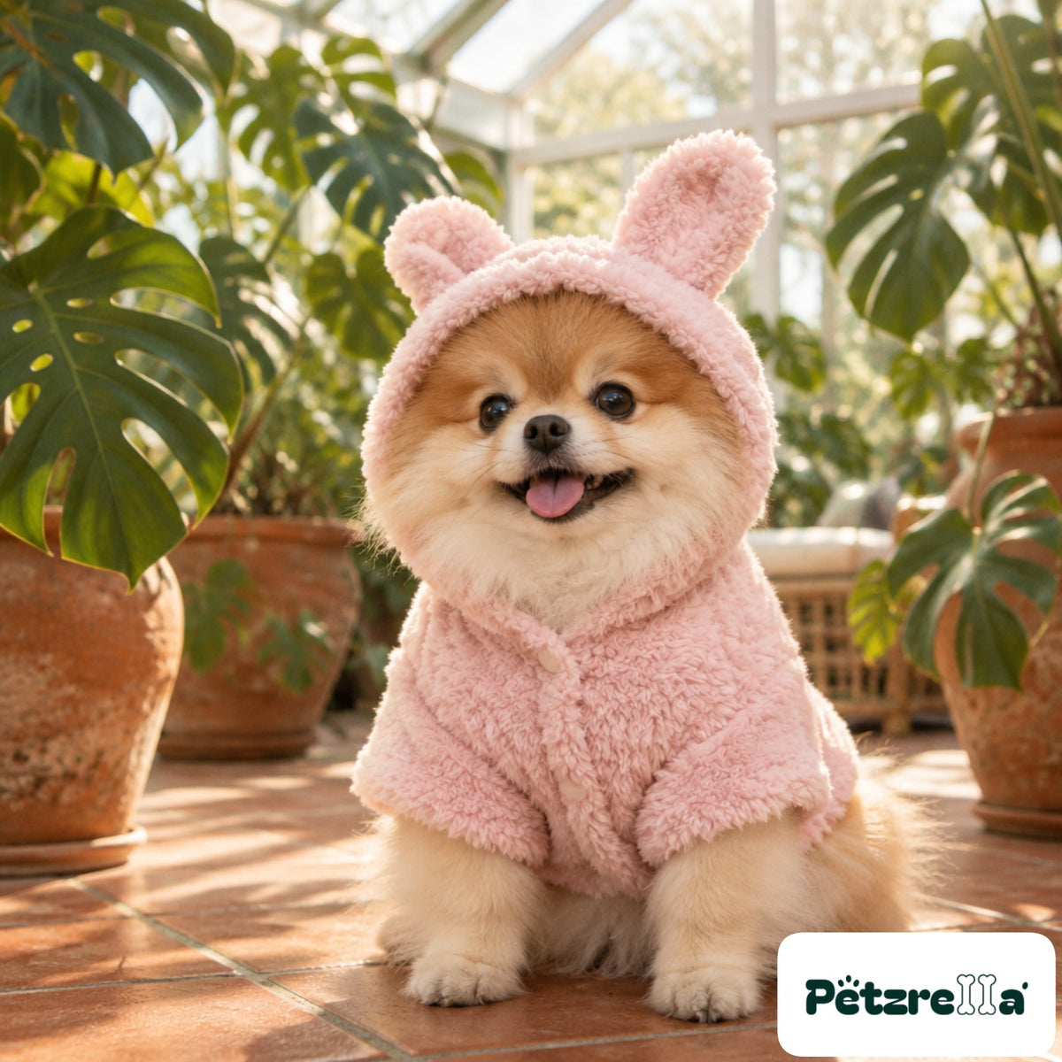 Petzrella Cuddle Bear Plush Hoodie - Pomeranian in conservatory