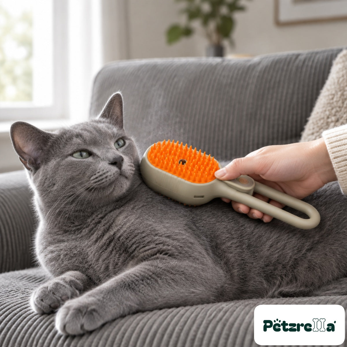 Petzrella Steam Electric Grooming Brush - Russian Blue cat on sofa