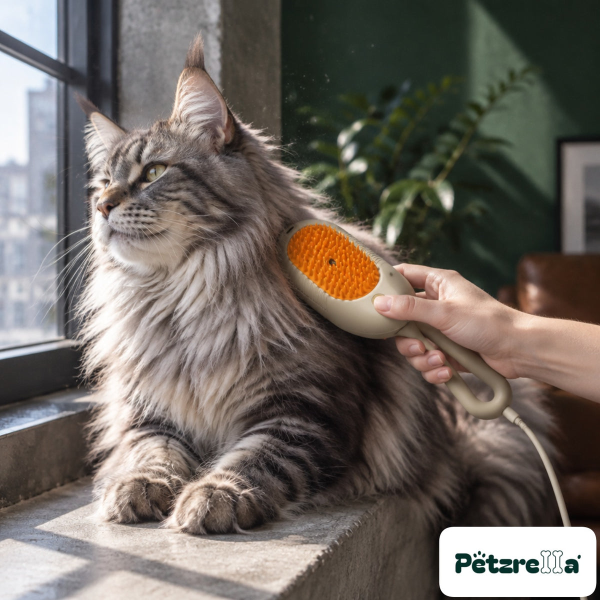 Petzrella Steam Electric Grooming Brush - Maine Coon on windowsill