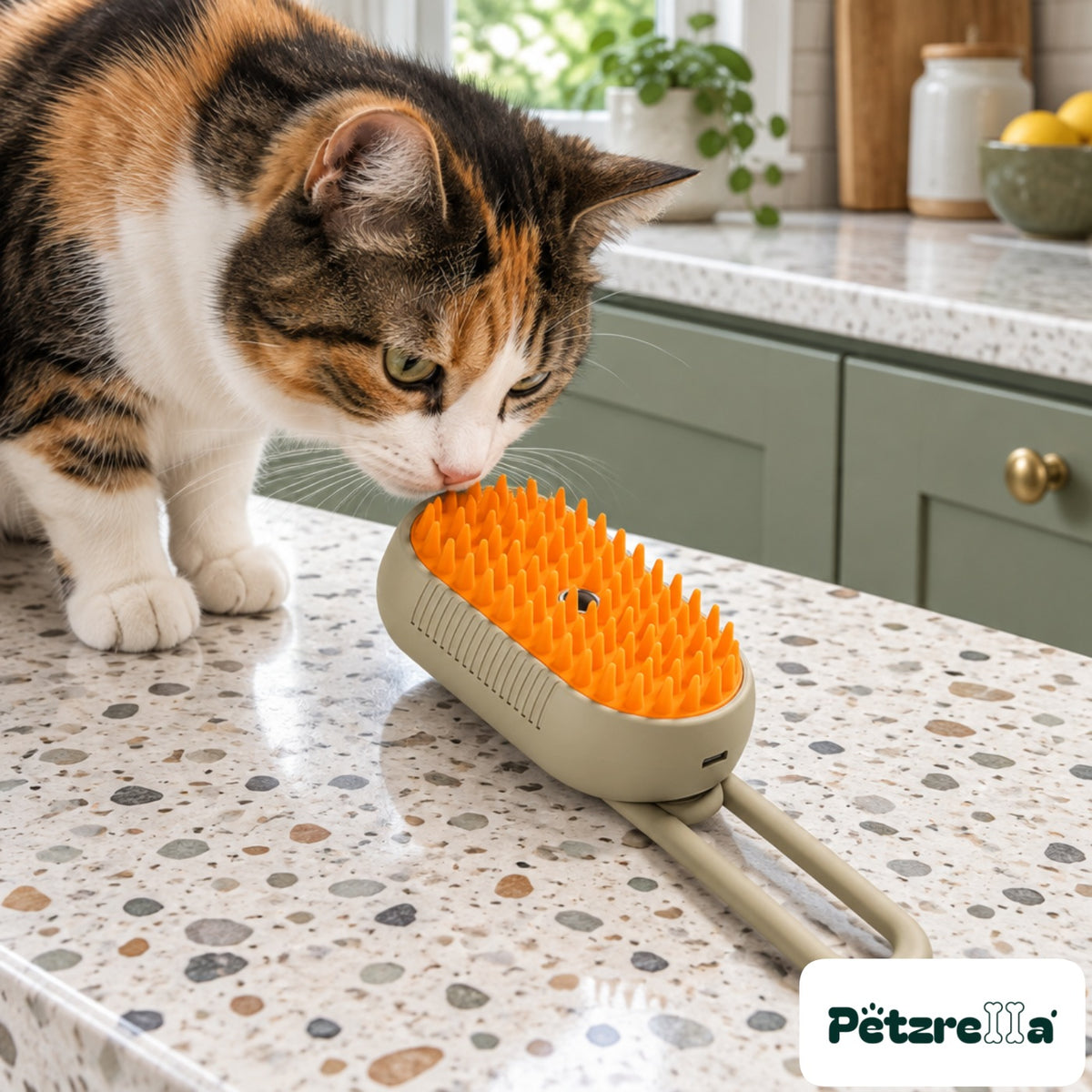 Petzrella Steam Electric Grooming Brush - calico cat on kitchen worktop