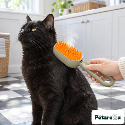 Petzrella Steam Electric Grooming Brush - black cat on tiled floor