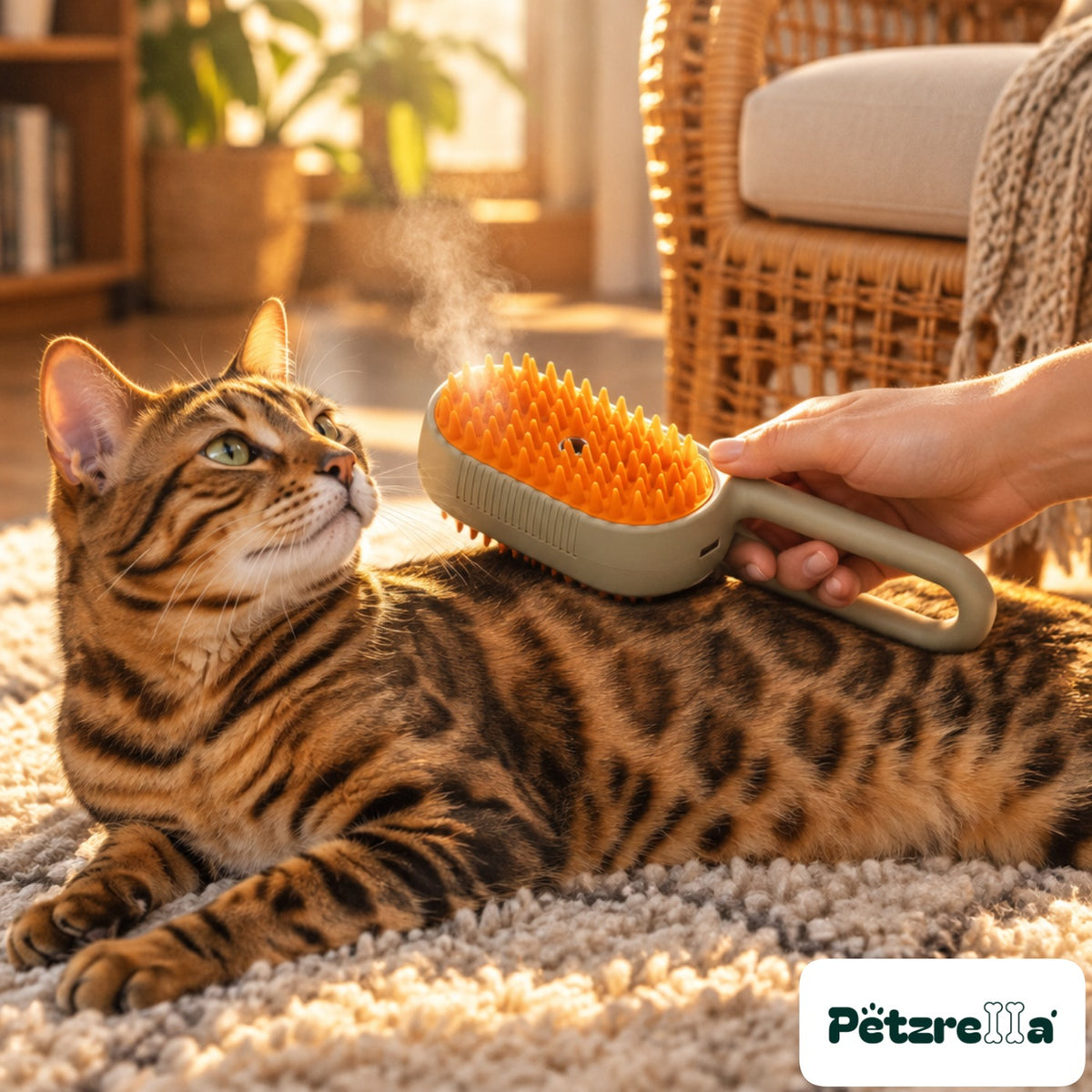 Petzrella Steam Electric Grooming Brush - Bengal cat on wool rug