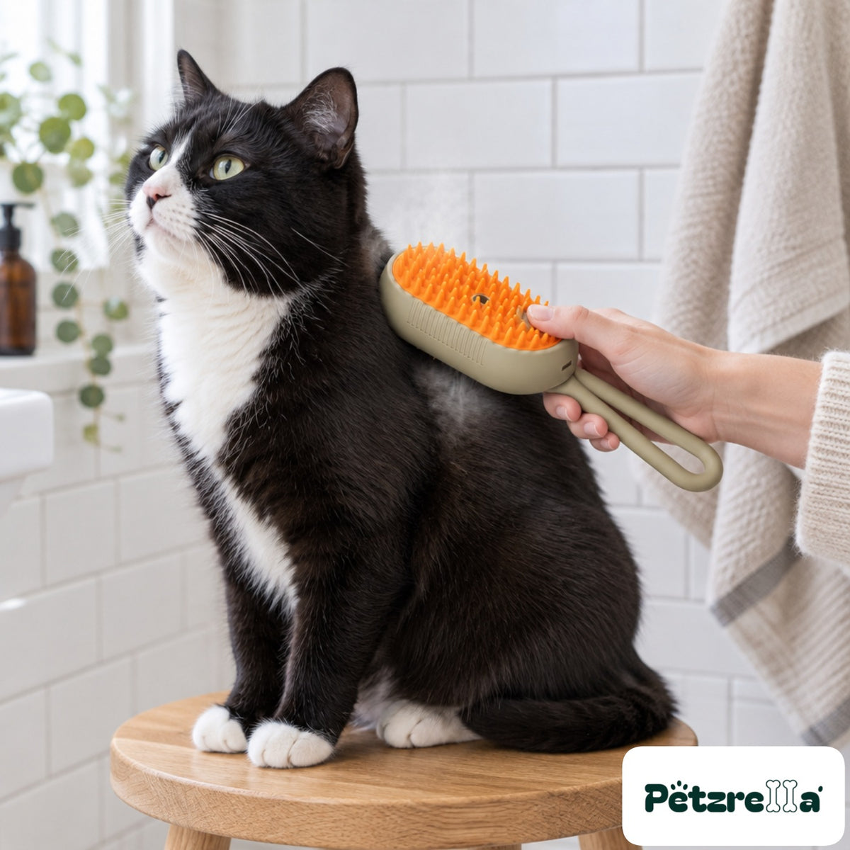 Petzrella Steam Electric Grooming Brush - tuxedo cat in bathroom