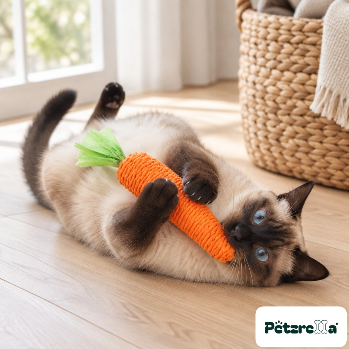Petzrella Carrot Chew Toy for Cats - Siamese cat on oak floorboards