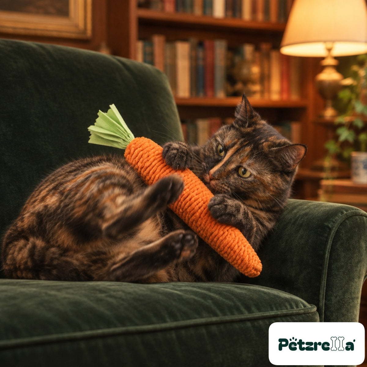 Petzrella Carrot Chew Toy for Cats - tortoiseshell cat on velvet armchair