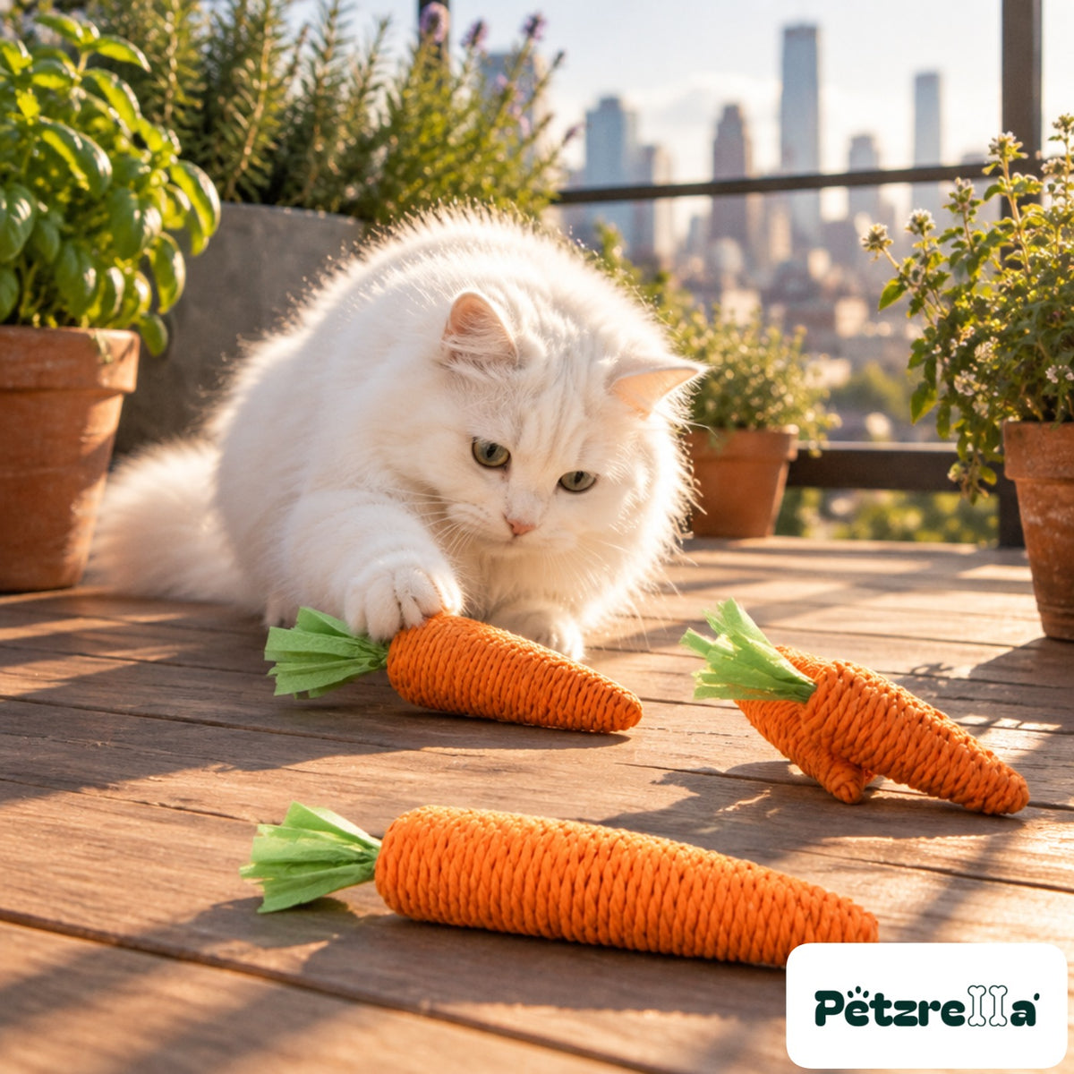 Petzrella Carrot Chew Toy for Cats - white cat on sunlit balcony