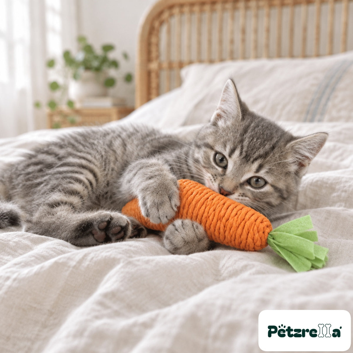 Petzrella Carrot Chew Toy for Cats - grey tabby kitten on linen duvet