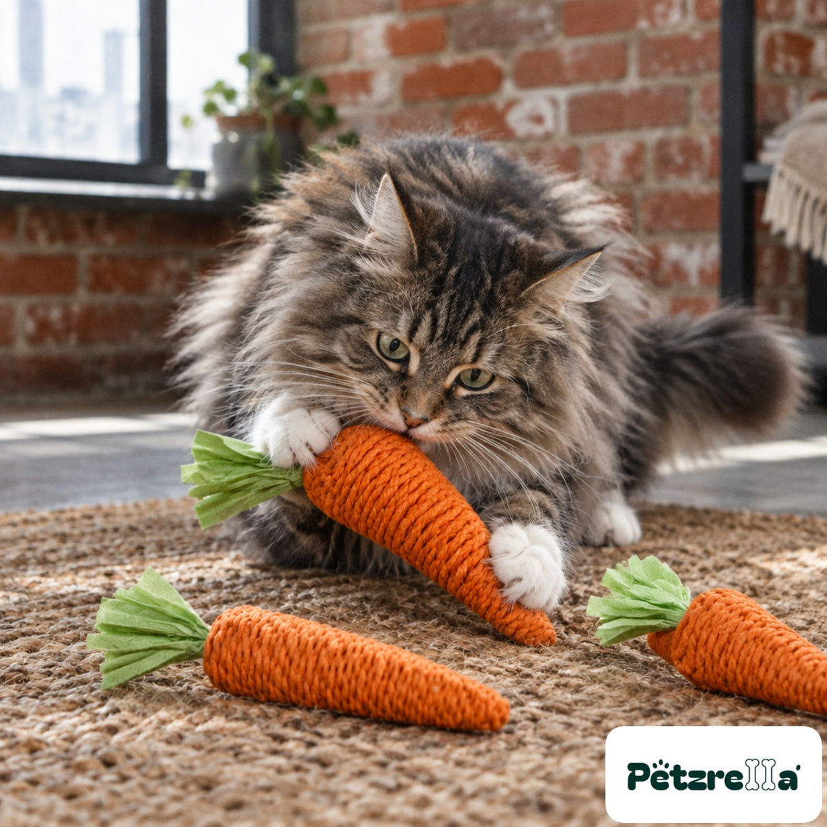Petzrella Carrot Chew Toy for Cats - Norwegian Forest cat on jute rug