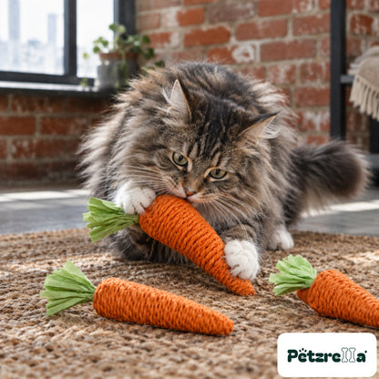 Petzrella Carrot Chew Toy for Cats - Norwegian Forest cat on jute rug