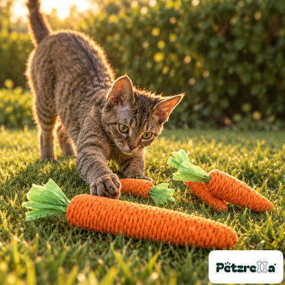 Petzrella Carrot Chew Toy for Cats - Devon Rex cat on garden lawn