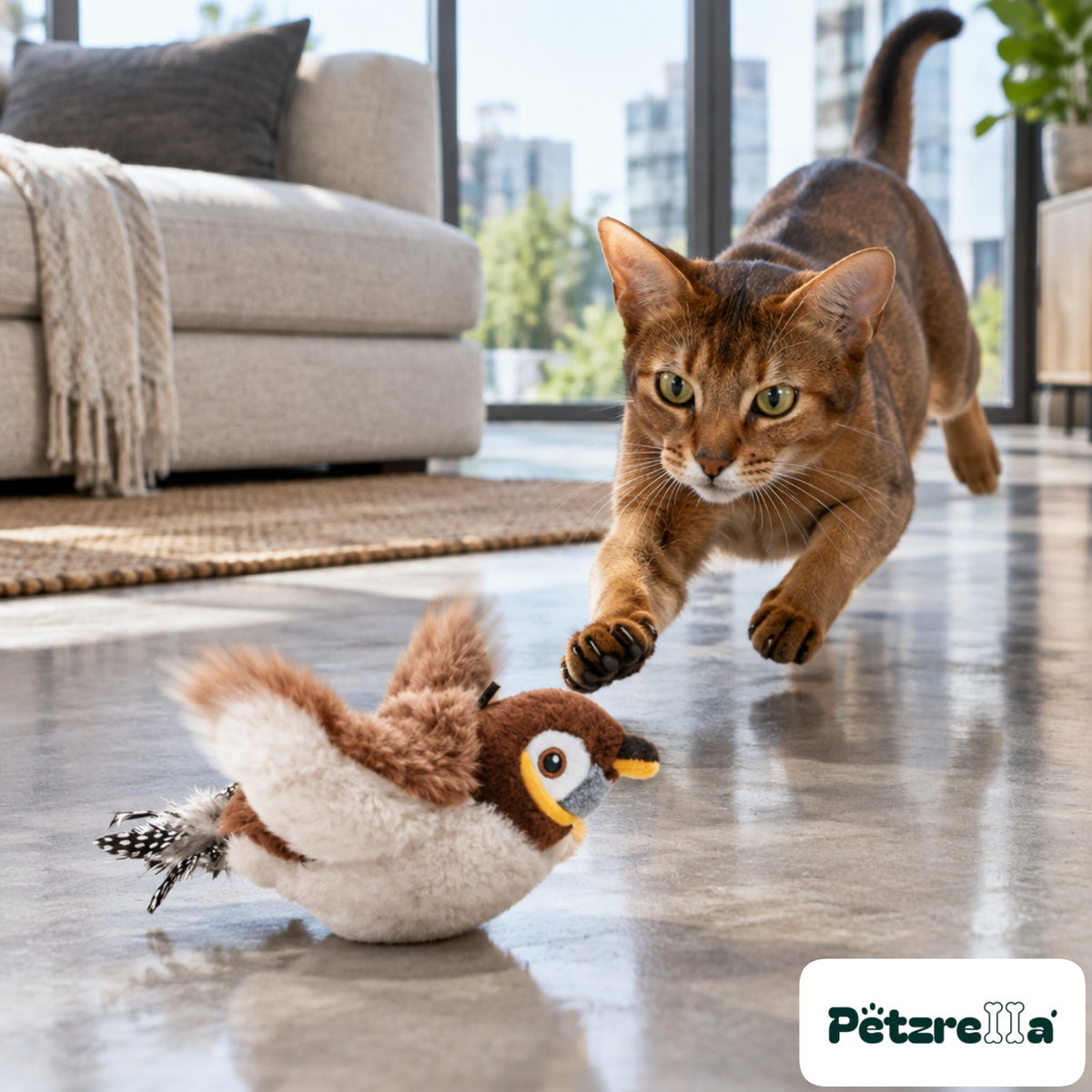 Petzrella Flapping Chirp Hunting Bird Toy - Abyssinian cat leaping