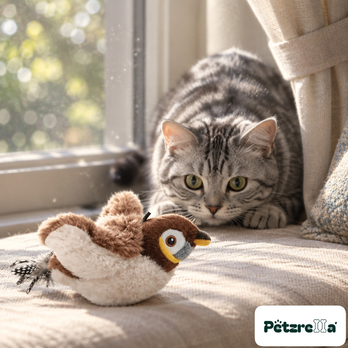 Petzrella Flapping Chirp Hunting Bird Toy - silver tabby on window seat