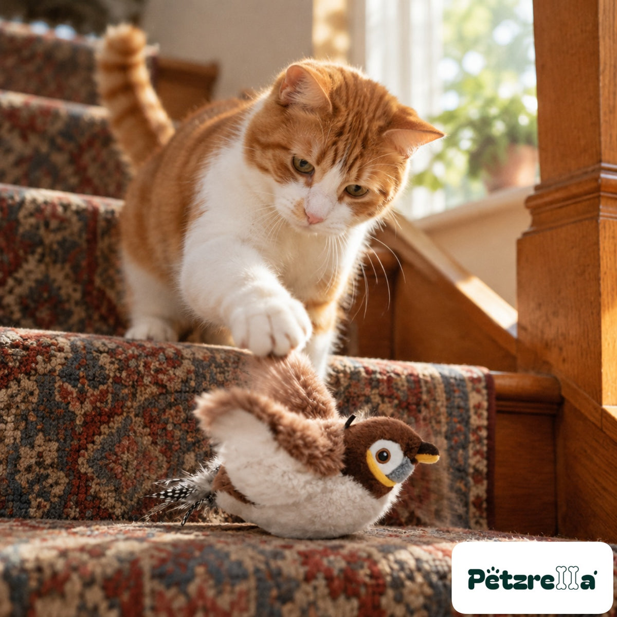 Petzrella Flapping Chirp Hunting Bird Toy - orange and white cat on stairs