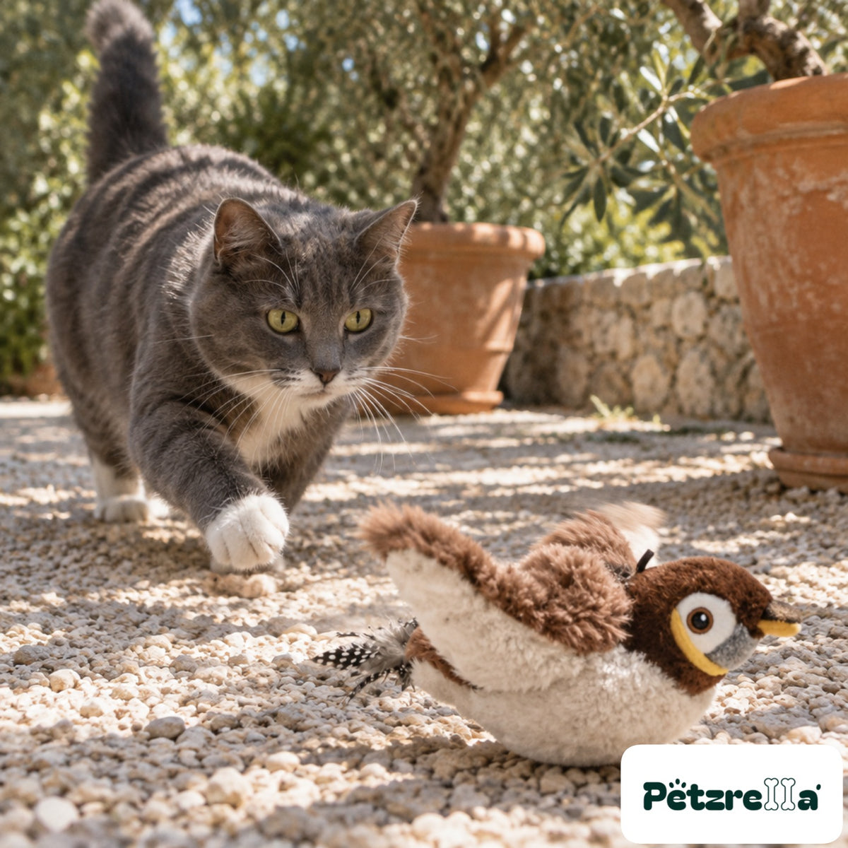 Petzrella Flapping Chirp Hunting Bird Toy - grey cat on garden terrace