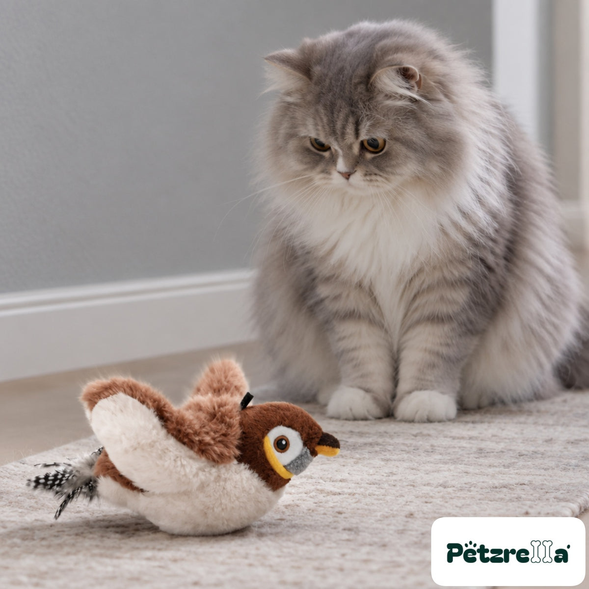 Petzrella Flapping Chirp Hunting Bird Toy - British Longhair in hallway