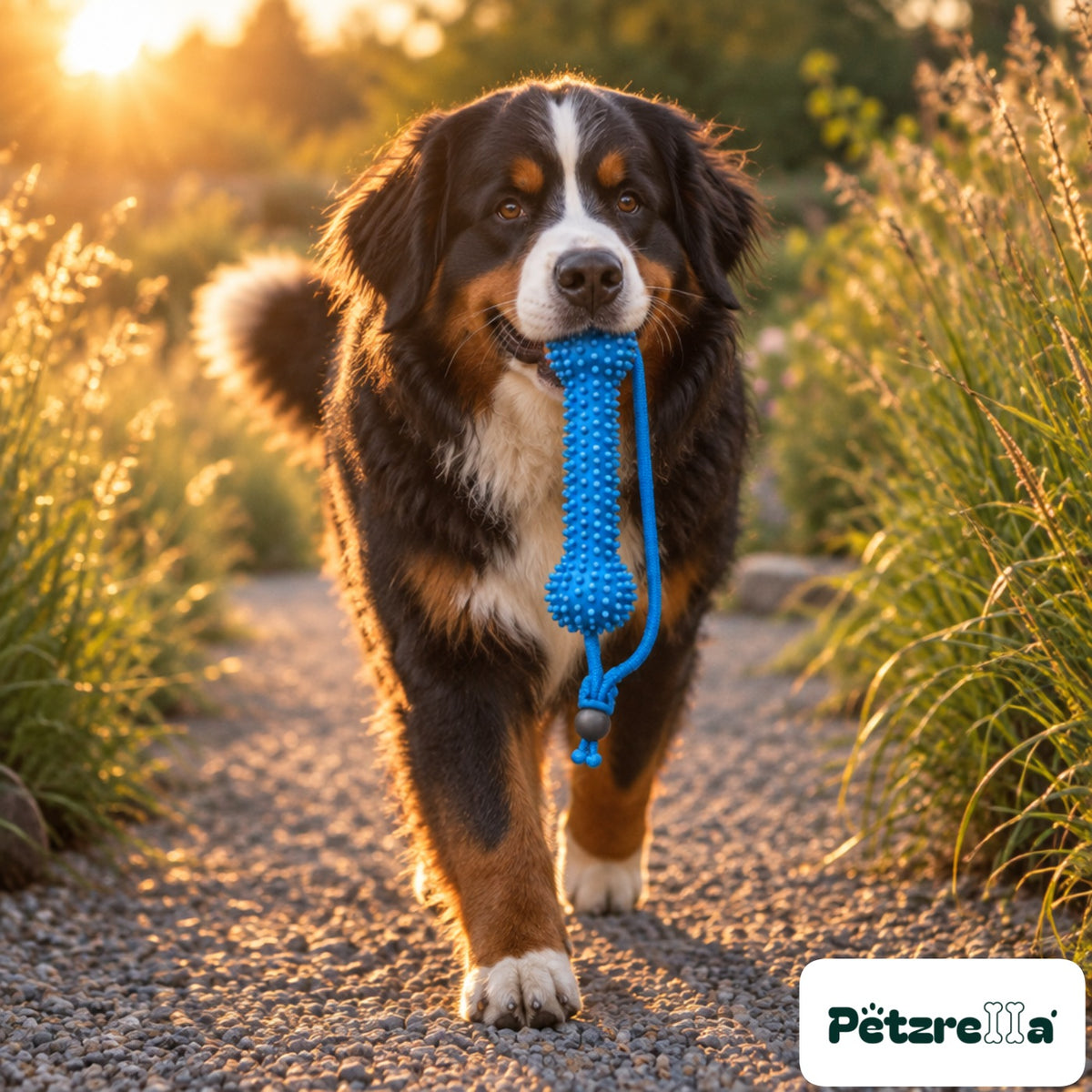 Petzrella Dog Dental Chew Toy - Bernese Mountain Dog on garden path