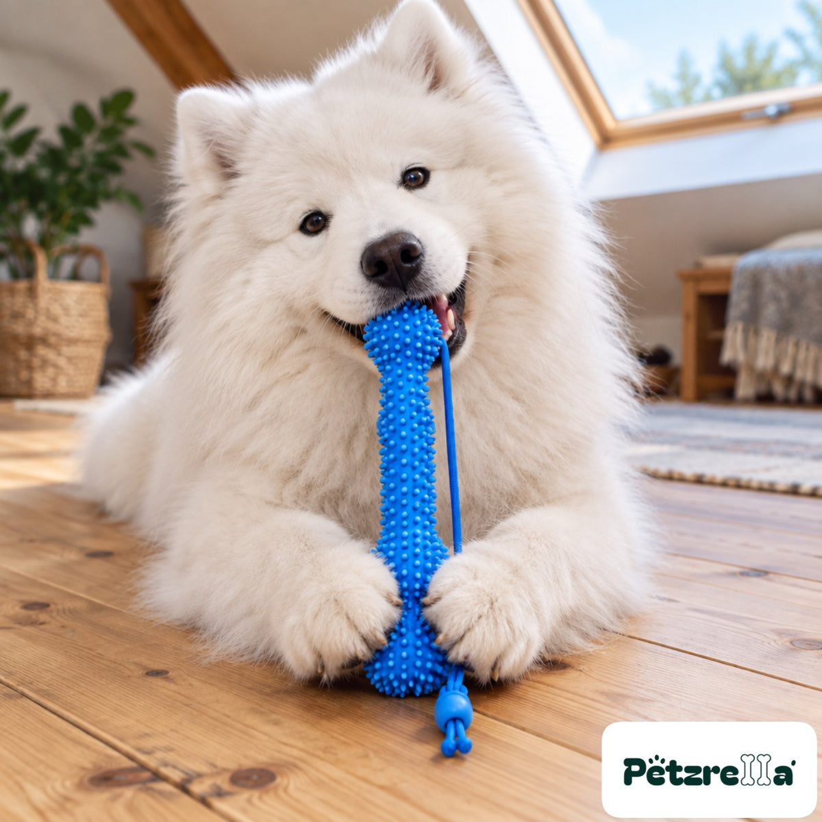 Petzrella Dog Dental Chew Toy - Samoyed on pine floorboards