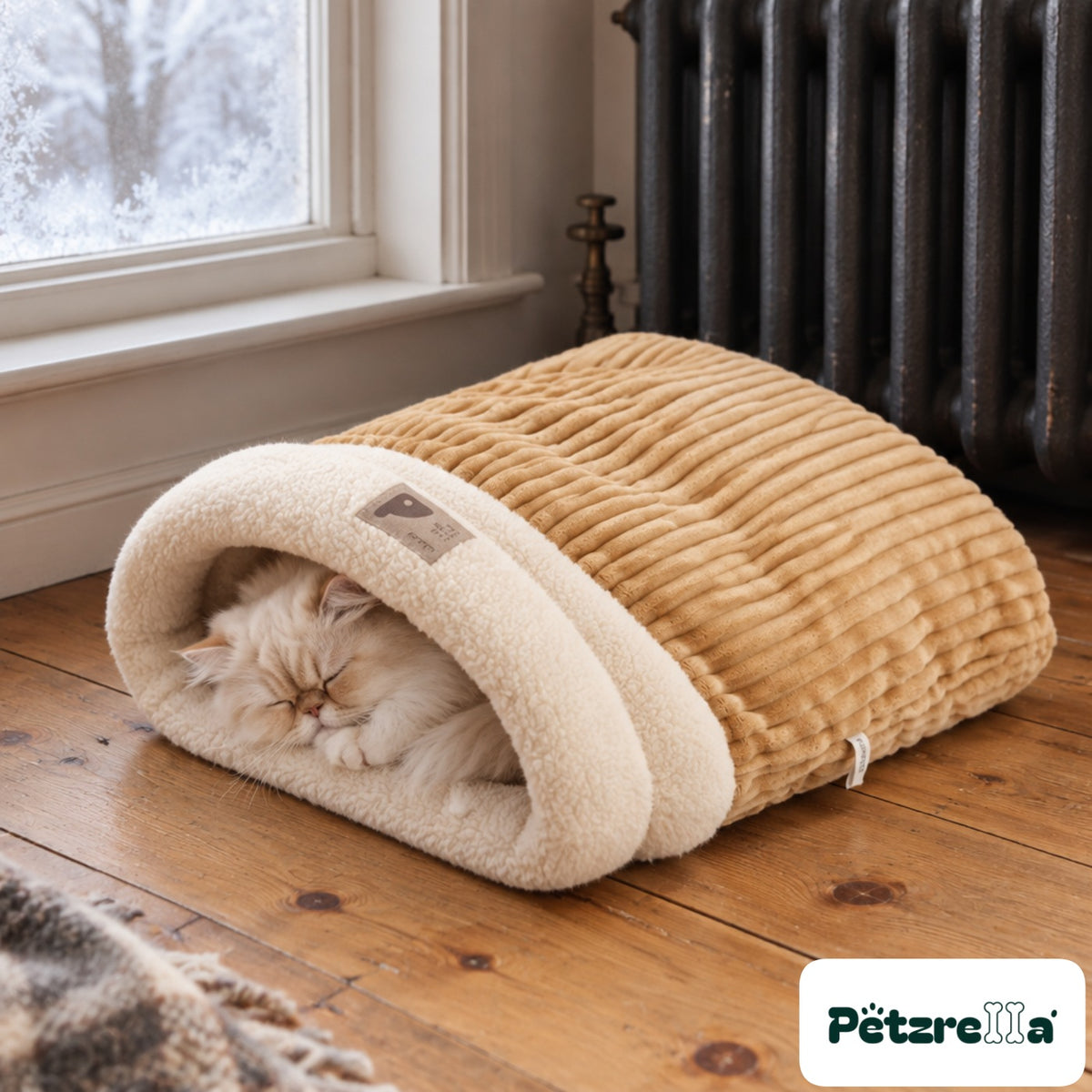 Petzrella Plush Heated Cat Bed - Persian cat asleep by radiator