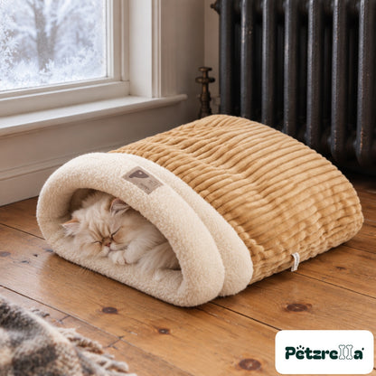 Petzrella Plush Heated Cat Bed - Persian cat asleep by radiator