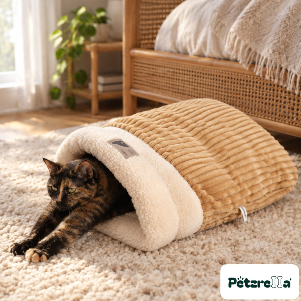 Petzrella Plush Heated Cat Bed - tortoiseshell cat on wool rug