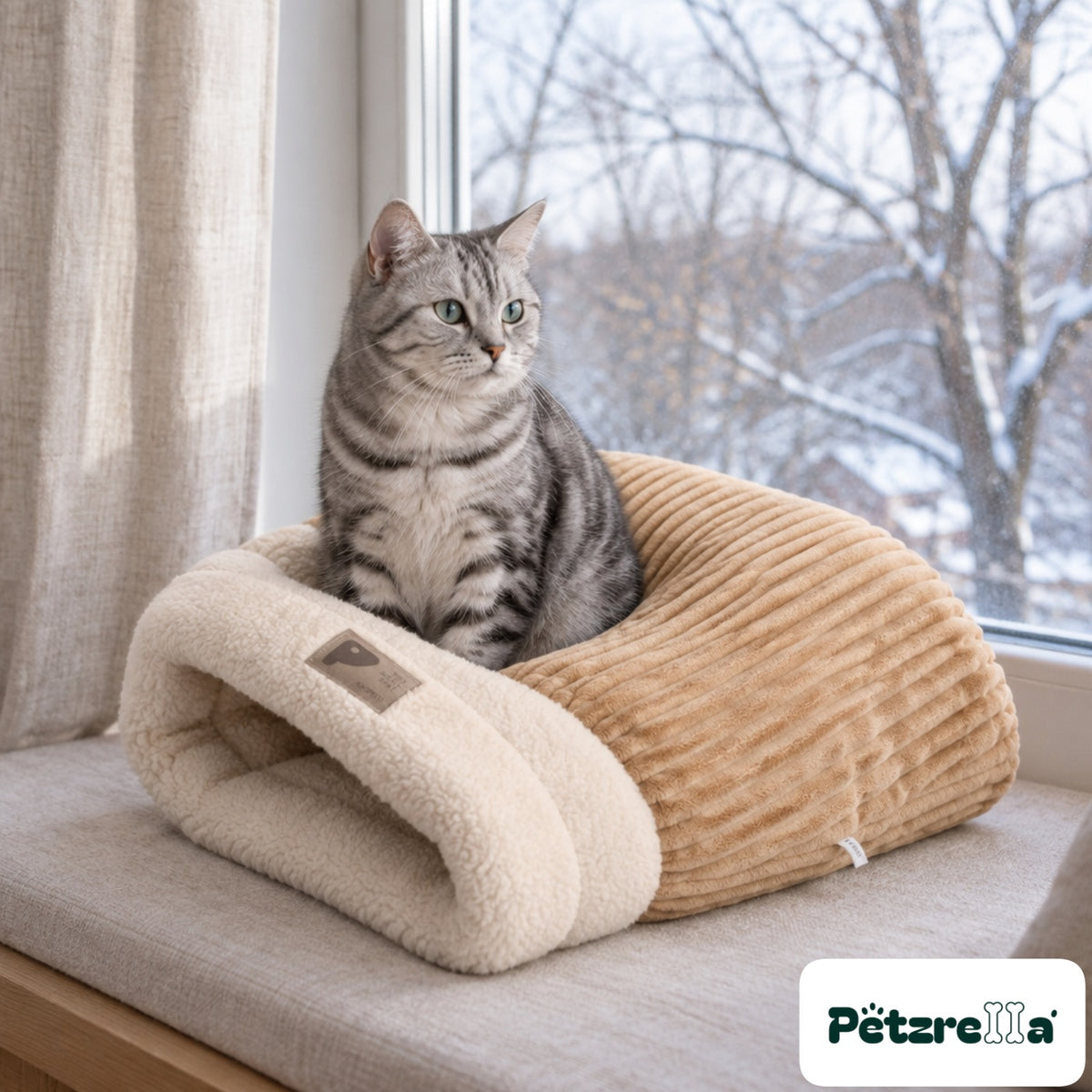 Petzrella Plush Heated Cat Bed - silver tabby in window nook
