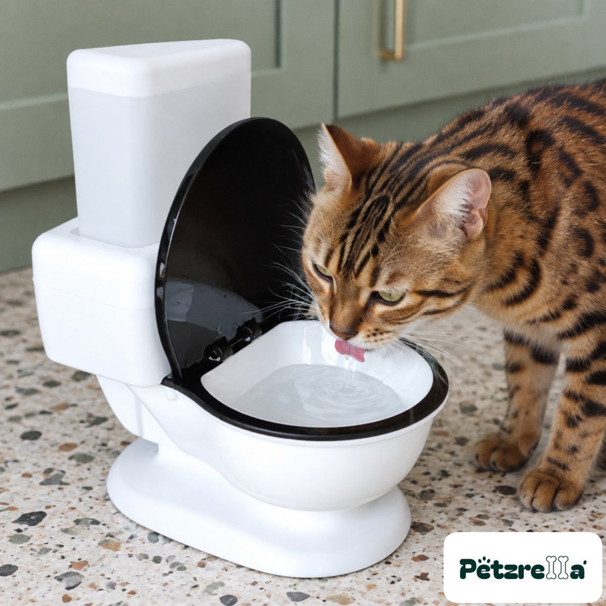 Petzrella Royal Refresh Water Fountain - Bengal cat drinking in kitchen