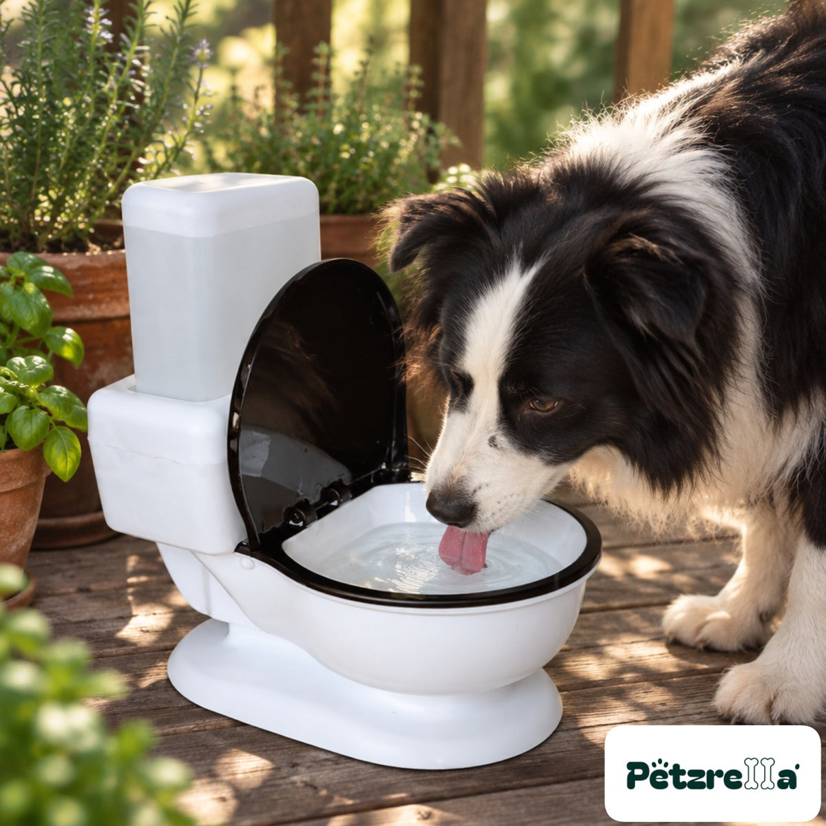 Petzrella Royal Refresh Water Fountain - Border Collie on balcony