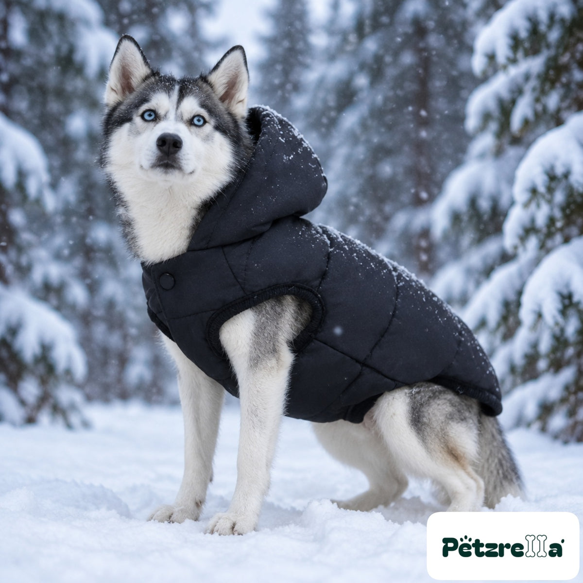 Petzrella Arctic Shield Puffer Jacket - Husky in snowy pine forest